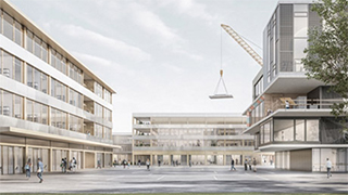 The new facades at the central campus square – the laboratory building on the left, the multifunctional building in the back – reflect the dynamics of the existing NEST building (on the right). Illustration: SAM Architects / Filippo Bolognese Images