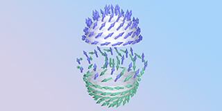  Skyrmions are nanostructures: tiny eddies in the magnetic alignment of atoms. PSI researchers have created so-called antiferromagnetic skyrmions for the first time. In them, critical spins are aligned in opposite directions. Here is an artist's rendering of this condition. (Graphics: Paul Scherrer Institute/Mahir Dzambegovic) 