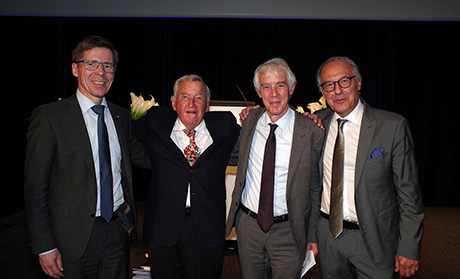 Joël Mesot (ETH Zurich), Martin Vetterli (EPFL) and Yves Flückiger (Unige) with Hansjörg Wyss. © Markus Senn 