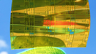 Flexible: Electronic circuits on a film of polyimide from the Empa laboratory form synaptic transistors. Image: Empa 