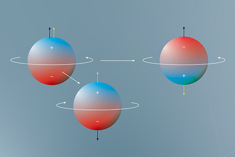 Researchers at PSI are searching for the undiscovered: the electric dipole moment of the neutron. This can be thought of as a separation of positive and negative charges within the neutron. (Graphic: Studio HübnerBraun) 