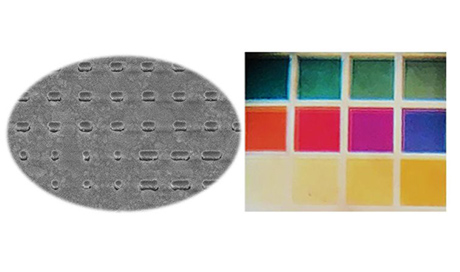 Codable colors (R) reflected by the silver nanostuctures (L) developed in the Nanophotonics and Metrology Lab © NAM EPFL 
