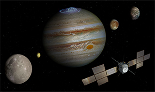 Künstlerische Darstellung der Juice-Mission zur Erforschung des Jupitersystems. (Grafik: ESA/ATG medialab) 
