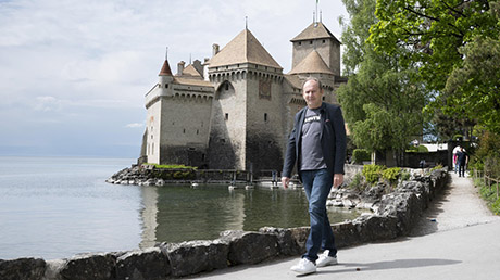 Marc walking by the Chillon Castle. He uses his neuroprosthetic up to 8 hours per day. 
