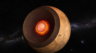 Die Analyse seismischer Daten, die von der InSight-​Mission aufgezeichnet wurden, zeigt, dass der flüssige Eisenkern des Mars von einer 150 km dicken, geschmolzenen Silikatschicht. Der Kern (lachsfarben) ist folglich kleiner und dichter. (Bild: Thibaut Roger, NCCR Planet S / ETH Zürich) 