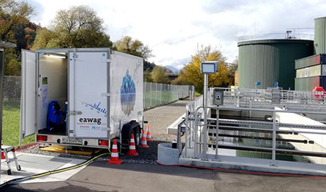 The mobile mass spectrometer MS2field – deployed here at a wastewater treatment plant – permits automated measurement of contaminants at extremely low concentrations with high temporal resolution. (Photo: Eawag) 