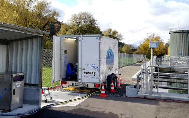 The mobile mass spectrometer MS2field – deployed here at a wastewater treatment plant – permits automated measurement of contaminants at extremely low concentrations with high temporal resolution. (Photo: Eawag) 