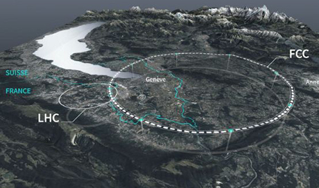 Der Future Circular Collider (FCC) im Vergleich zum jetzigen Large Hadron Collider (LHC) am CERN. Der neue Teilchenbeschleuniger läge fast 200 Meter tief unter der Erdoberfläche und verliefe teilweise unter dem Genfersee. Mit einem Umfang von 91 Kilometern wäre er die grösste, je von Menschenhand gebaute Maschine. (Grafik: FCC/CERN) 