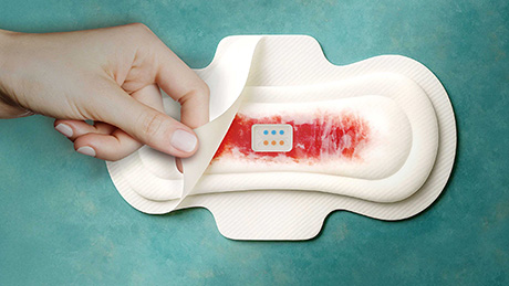  Les changements de couleur sur la serviette hygiénique peuvent être détectés à l'œil nu ou photographiés avec un smartphone et directement évalués dans l'application. Le prototype doit disposer d'un point de contrôle sur la bandelette réactive pour chaque biomarqueur. (Image générée par IA : Lucas Dosnon et Josef Kuster / ETH Zurich) 